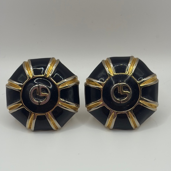 St. John Jewelry - Vintage 80’s St. John Black Enamel and Gold Clip-on Logo Earrings